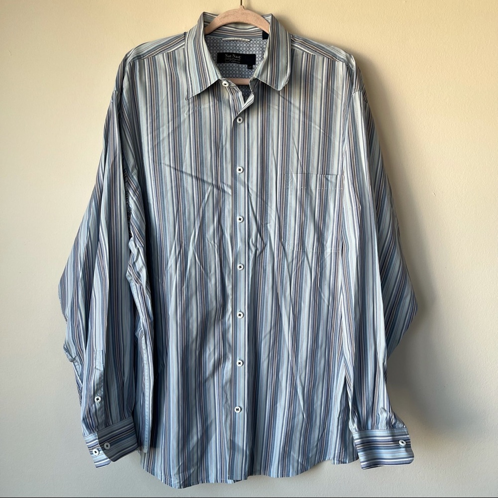 Nat Nast 100% Cotton Button Front Shirt Striped Blue Bering Sea Size 2XT